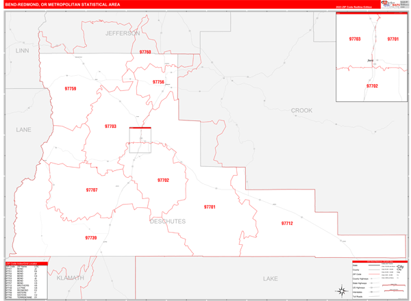 Bend-Redmond Metro Area Wall Map Red Line Style